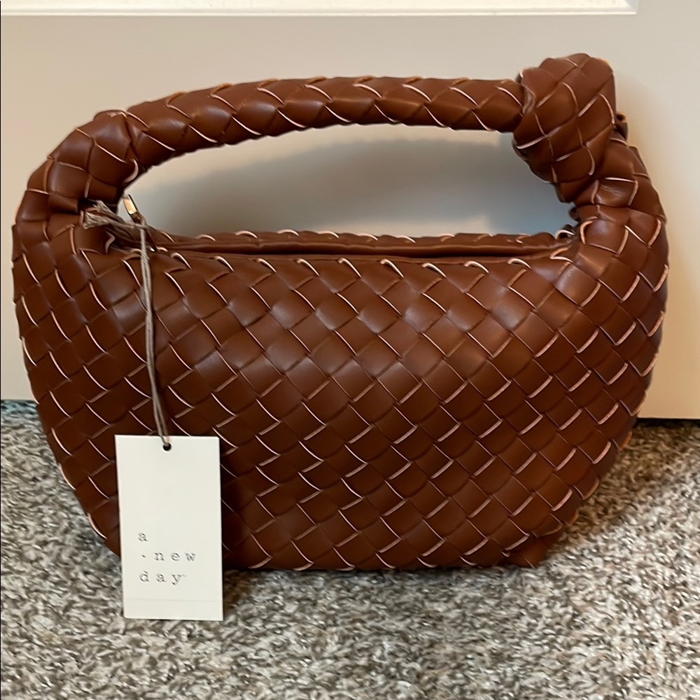 A New Day Tan Woven Shoulder Bag